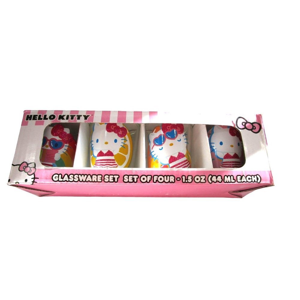 Hello Kitty Glitter Bathing Suite Beach Pool Theme Four Shot Glass Set NIB